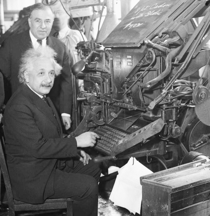 Einstein seated at a Linotype. The intro image for Slappey Press, publisher of quality titles in machine learning and artificial intelligence